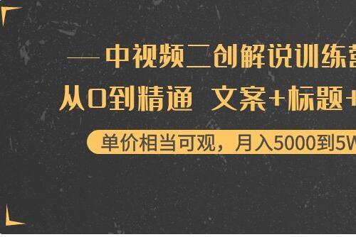 中视频二创解说训练营：从0到精通 文案+标题+素材 月入5000到5W